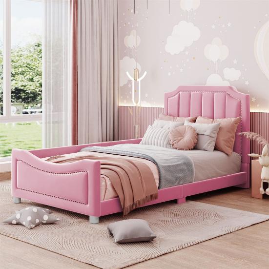 Teen Bed Children Bed, Upholstered 90x200cm Sofa Frame Flannel Multifunctional Soft with Backrest Armrest Parent-Child Youth Guest Pink