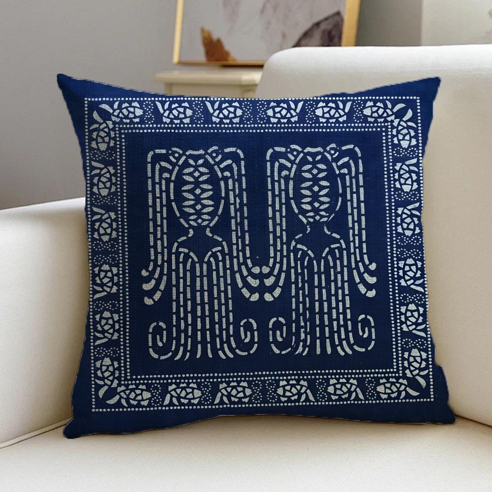 B-Blue Calico Cushion Cover Cushion Cover Pillowcase, Anti-Mite Invisible Zipper, Linen Sofa Cushion