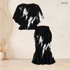 Women Plus Size Red Black Printed Round Neck Batwing Sleeve Ruffle Hem Top Fishtail Skirt Two Piece Set