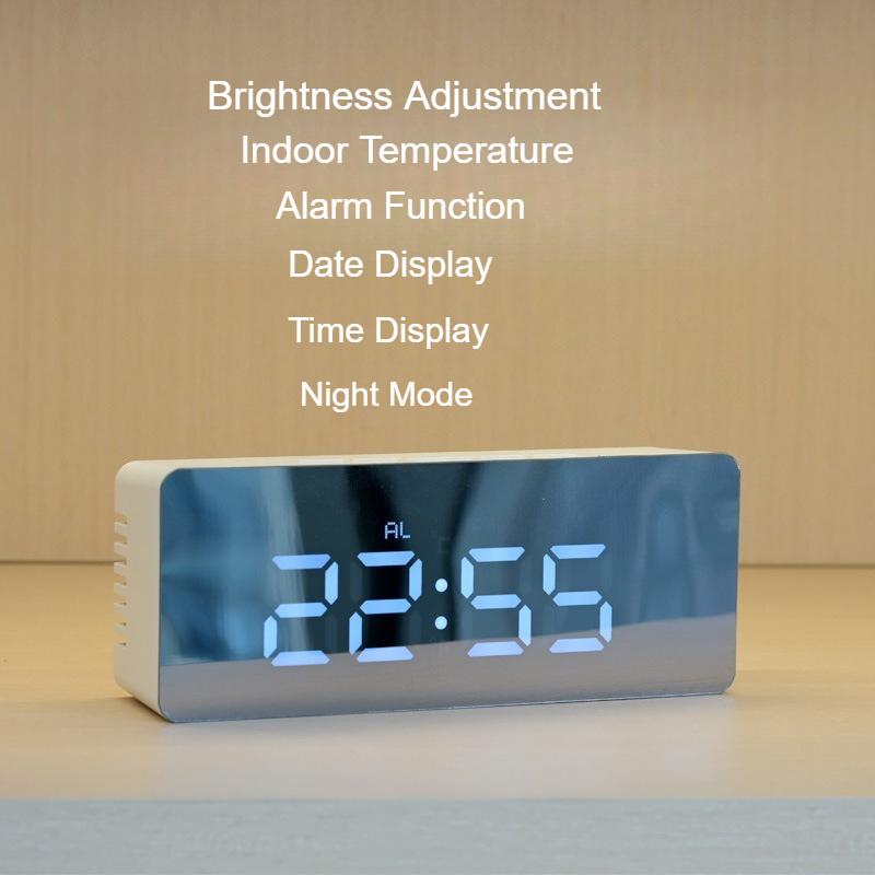 LED Mirror Alarm Clock with Night Light USB/AAA Dual-Powered Digital Display Desktop Clock