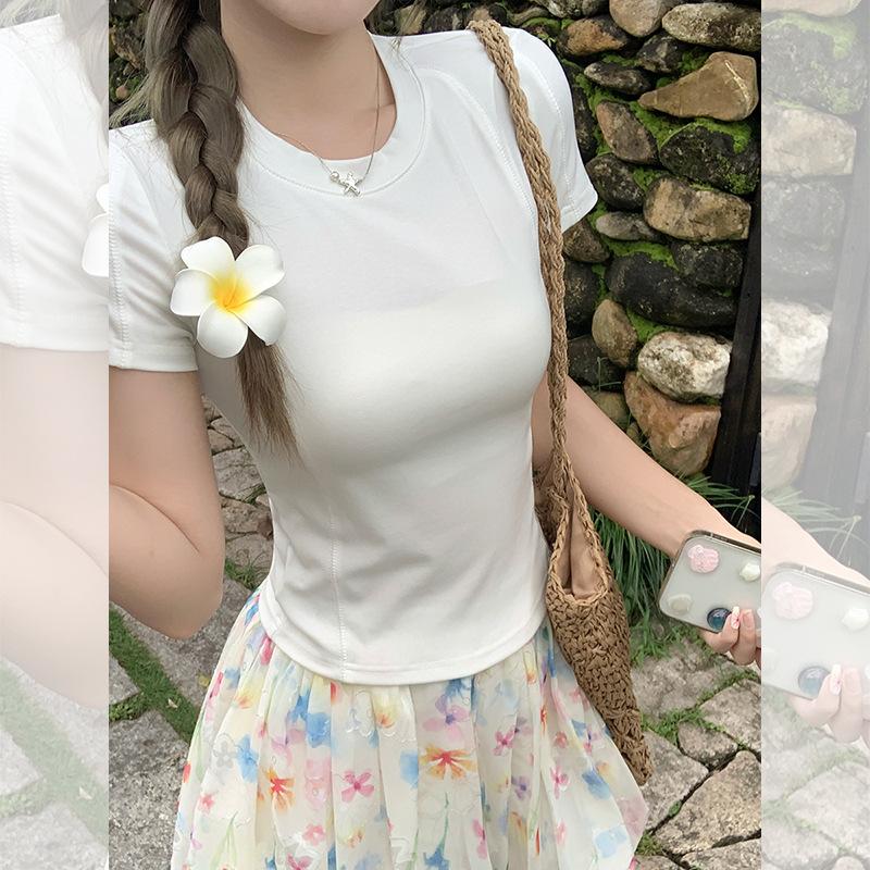 Korean White Basic Round Neck Design Short-sleeved T-shirt Women's Summer New Bright Line Chic Top