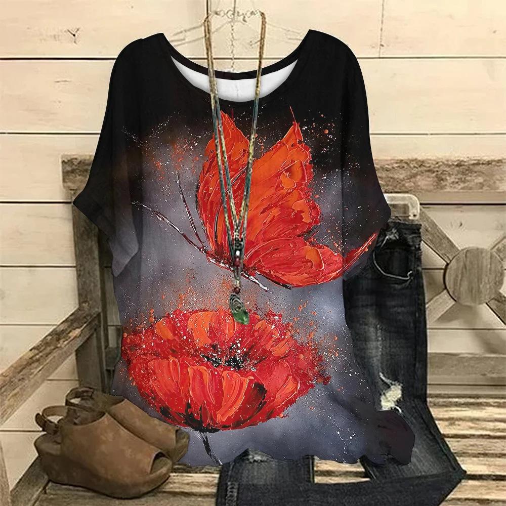 Women's T-shirt Fashion Small Floral 3D Digital Print Round Neck Five Quarter Sleeve T-shirt