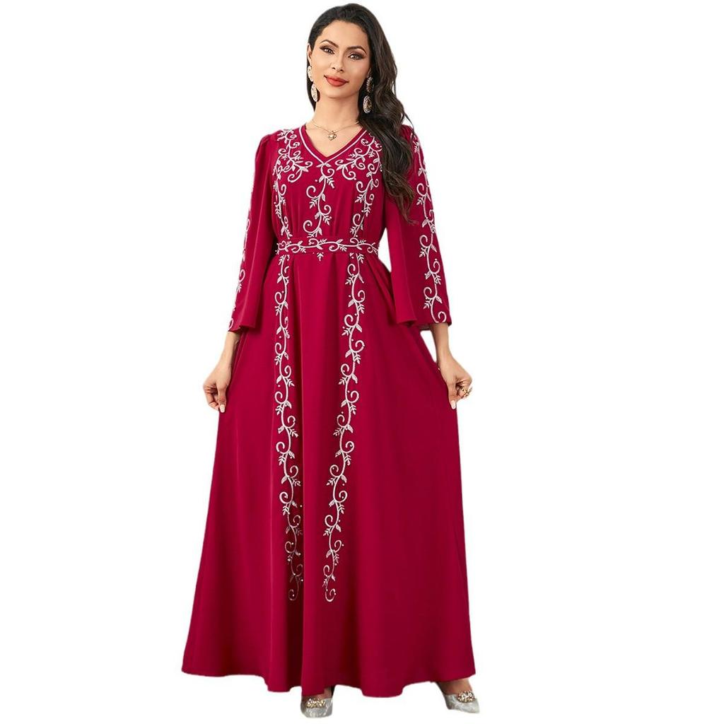 Women's V-Neck Embroidered Beaded Long Dress - Elegant Muslim Robe