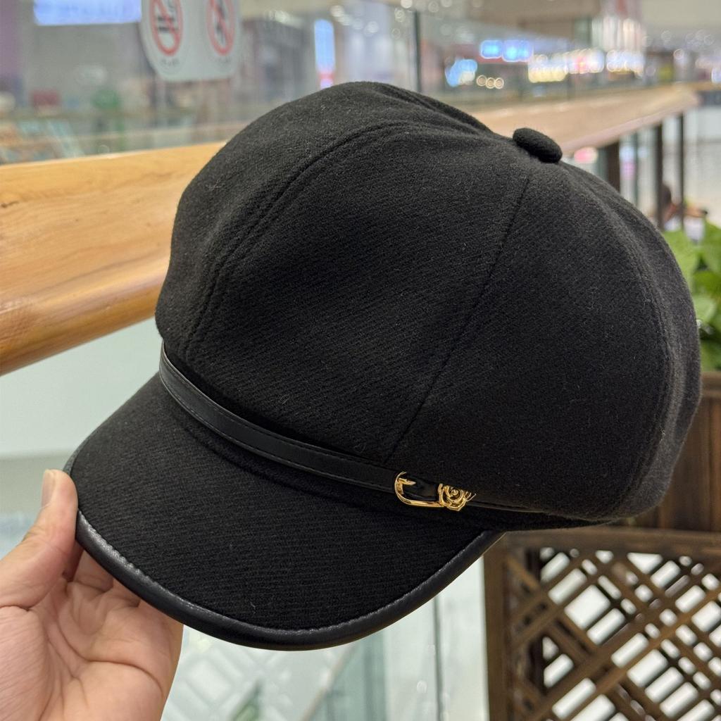 Fashion Hat Autumn Ladies Flower Metal Standard Leather Brim Octagonal Hat Warm Retro Temperament Duck Tongue Newsboy Hat