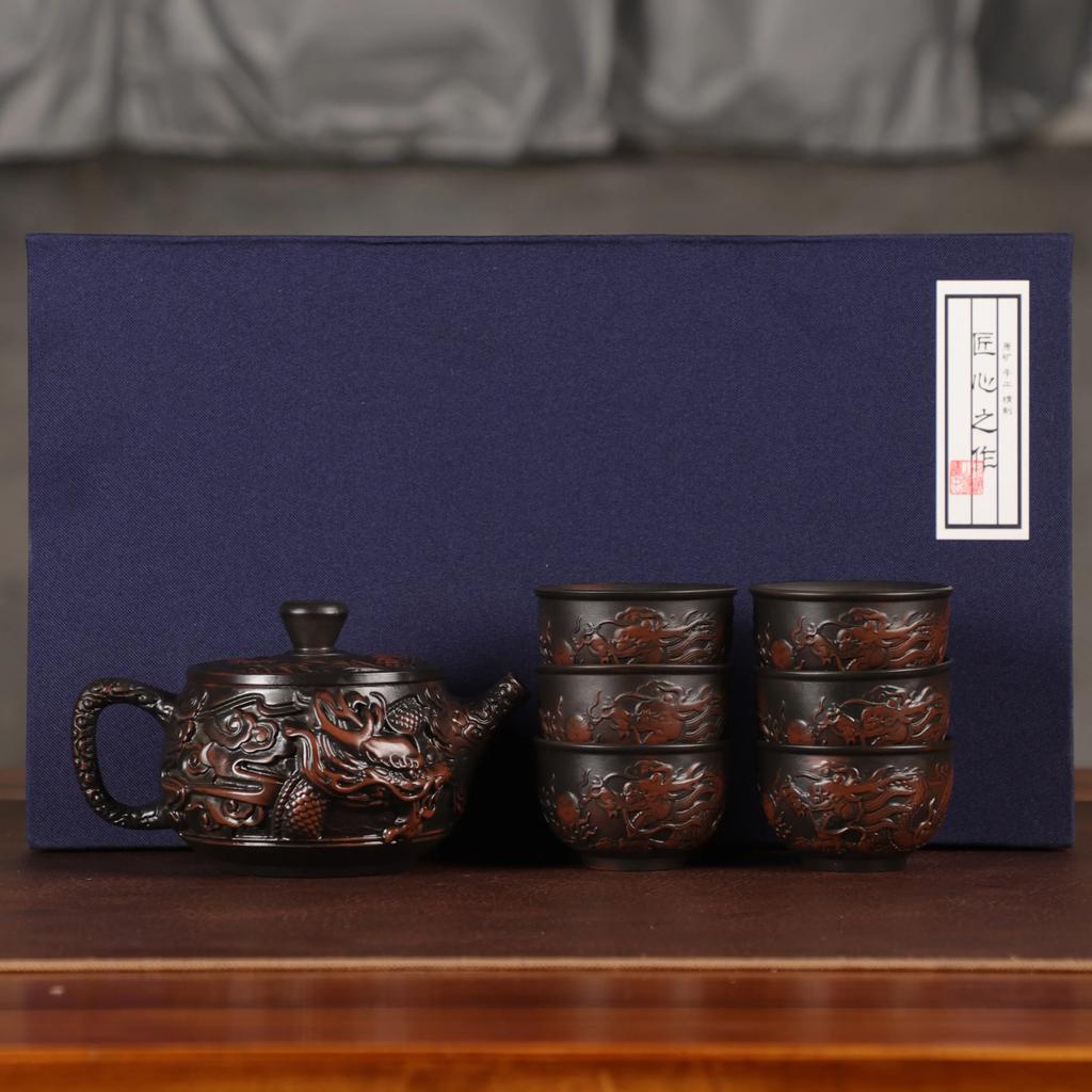 Teapot purple pottery material large capacity pure hand-carved retro relief desktop ornament household Chinese gift rotary pot