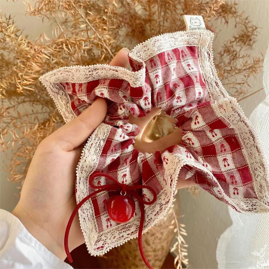 1pc sweet red plaid cherry colon hair ring, high elastic cherry bow square scarf hair ring hair ornament