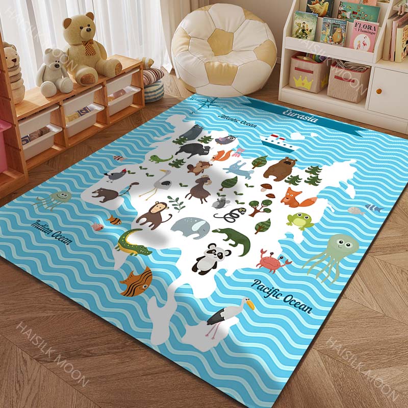 Cartoon Map of Five Continents with Animals Print Carpet for Living Room Bedroom Sofa Doormat Decor Kids Room Area Rug for Gifts