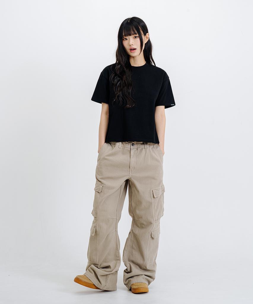 LEMAIN SECOND Crop Plain Oversized Short Sleeve T-Shirt [Black]
