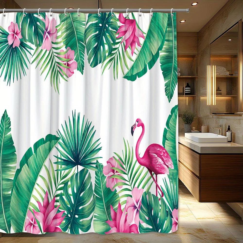 1pc Tropical Flamingo & Hibiscus Shower Curtain - Vibrant Pink Flamingo with Lush Green Leaves and Hibiscus Flowers, W90xH180cm