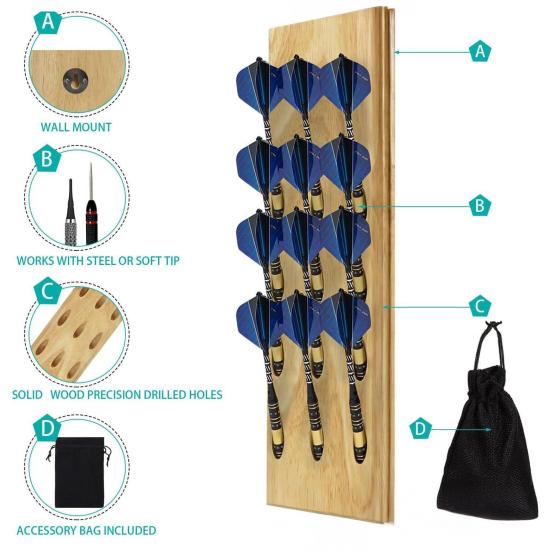 Duvara Monte Edilebilir Dart Tutucu 12 Dart'a Kadar Sığar Yer Tasarrufu Sağlayan Yumuşak Çelik Dart Düzenleyici Metal Kancalı Ahşap Saklama Rafı Dart Aksesuarları