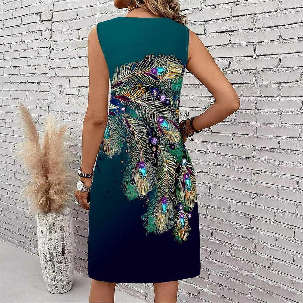 Plus Size V Neck Sleeveless Dress Cloudy Mountain Waterfall Watercolor Print For Outdoor Mountain Tour