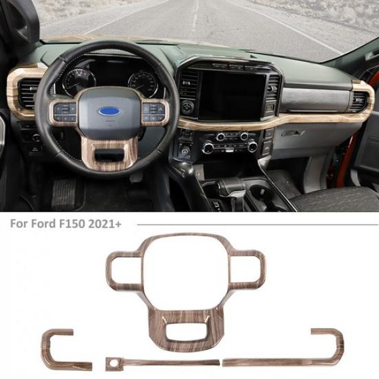 Center Console & Steering Wheel Cover Trim Bezels For Ford F150 2021+ Wood Grain