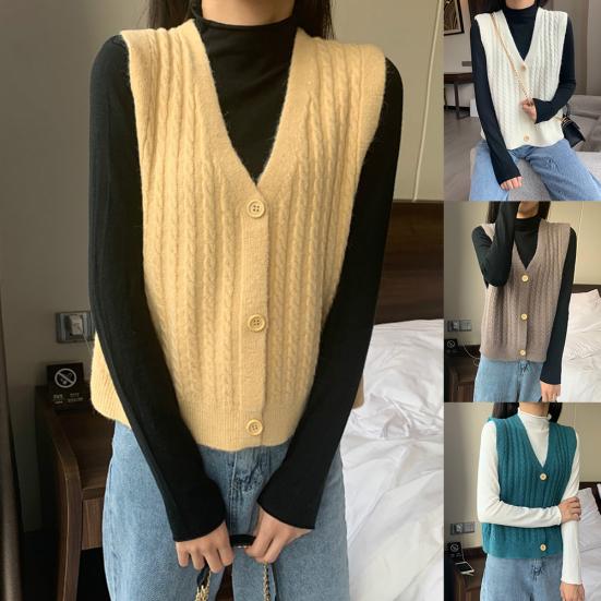 Women Solid Color V Neck Single-breasted Braid Knitted Cardigan Waistcoat Vest