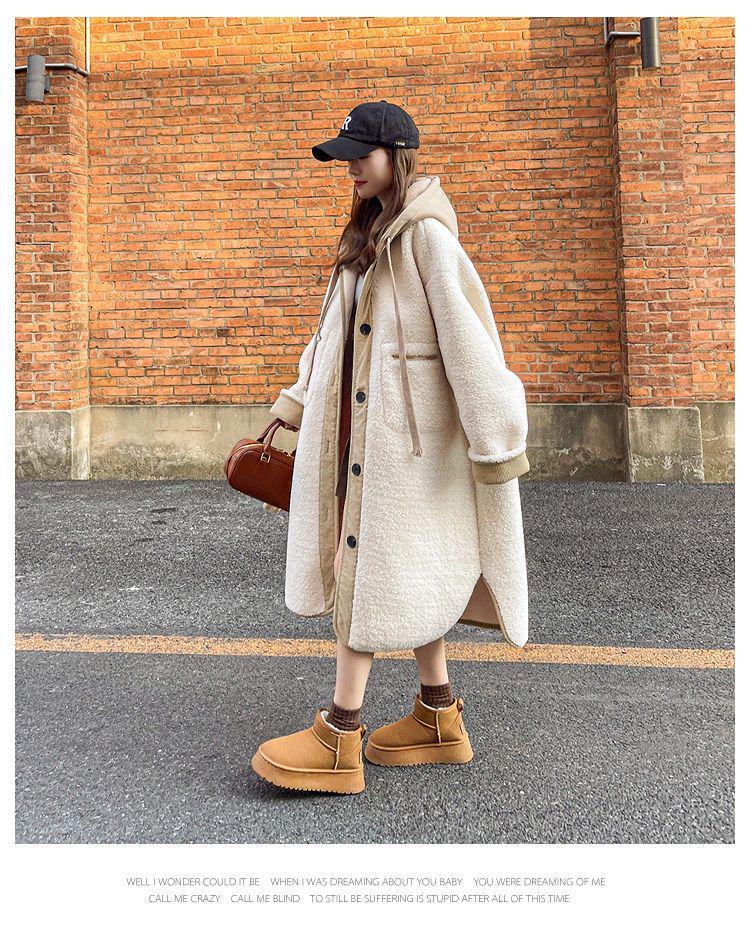 Beige Hooded Lambswool Mid-Length Coat - Thickened Korean Style, Loose Fit, Autumn/Winter Plush Jacket
