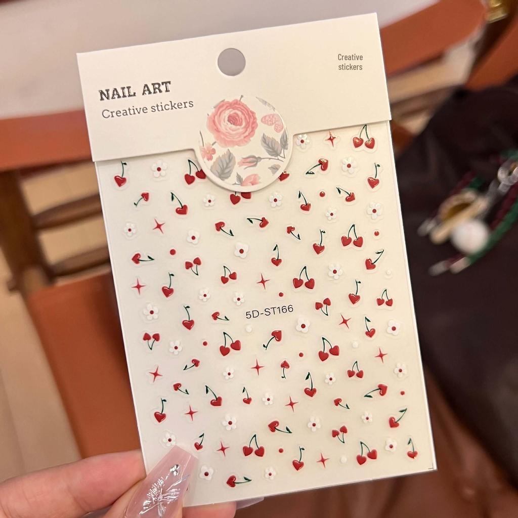 Cherry Heart 5D Embossed 3D Nail Stickers - Sweet & Lovely Xiaohongshu Influencer Design