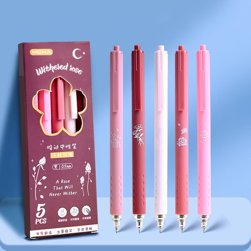 5-teiliges Gel-Tintenstift-Set, Rose, Blume, Käse, Bär, Mondlicht, Metaverse, 0,5 mm Kugelschreiber, schwarze Farbe zum Schreiben