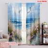 2D Flat Printing 2pcs Curtain Window Curtains Seaside Flowers and Waves Digital Printed Polyester Drapes Holiday Decorations Use