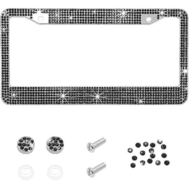 Bling Car License Plate Frame, 2 Holes Stainless Steel Sparkly Auto Tag Cover with Screws Caps, Bedazzled Rhinestone Licence Plate Holder Vehicle