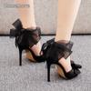 11cm Black Sexy Plus Size 35-45 Sandals Mesh Bow High Heels Peep Toe Elegant Party Shoes Thin High Wedding Prom Sandals Women