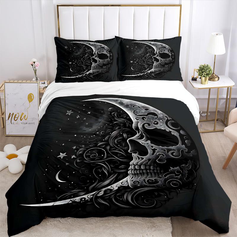 3pcs Midnight Moonlit Skull Printed Duvet Cover Set (1 * Cover+2 * Pillowcase, Without Core), Suitable for Home Bedroom, Guest Room, Dormitory De