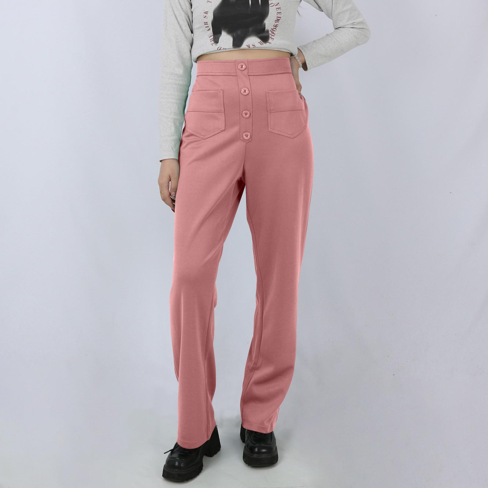 

Женские повседневные прямые брюки с высокой талией и пуговицами, эластичные деловые рабочие брюки с несколькими карманами L розовый
