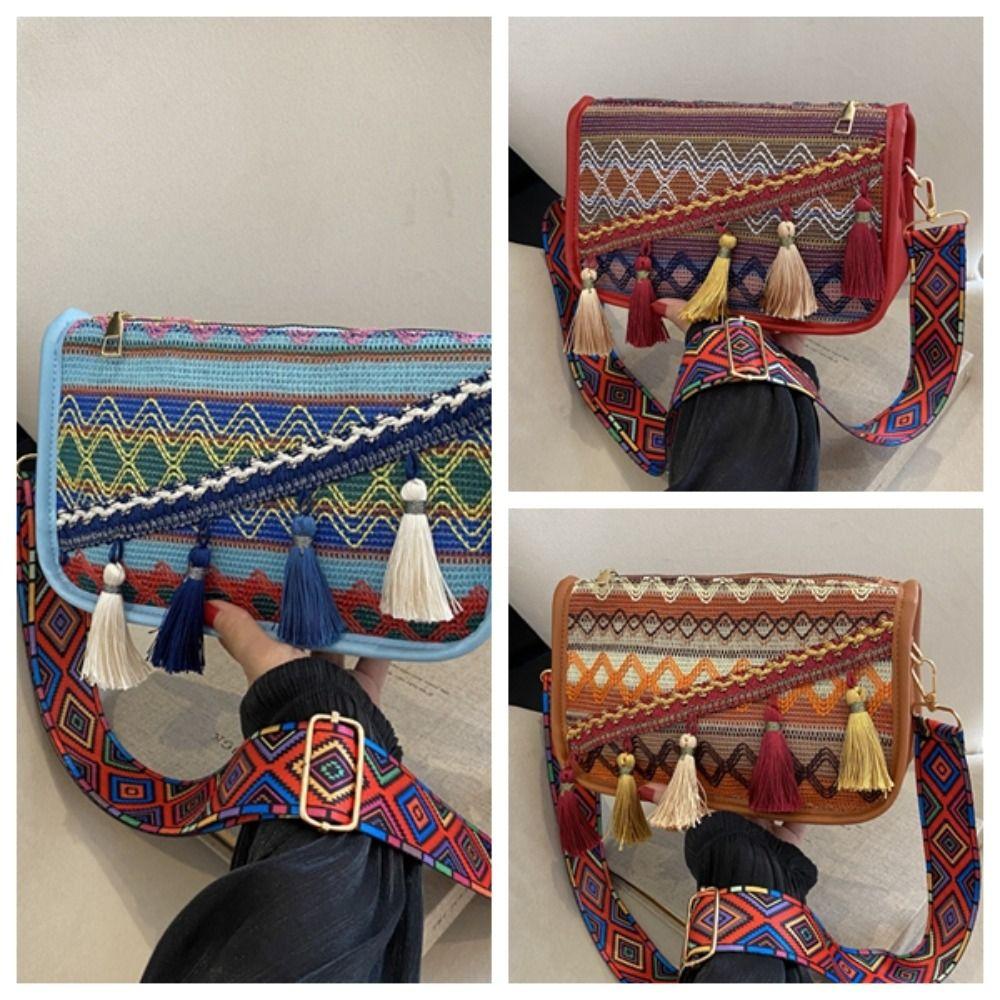 Colorful Fringe Shoulder Bag Tassel Ethnic Style Crossbody Bag Portable Large Capacity Bag  Outdoor