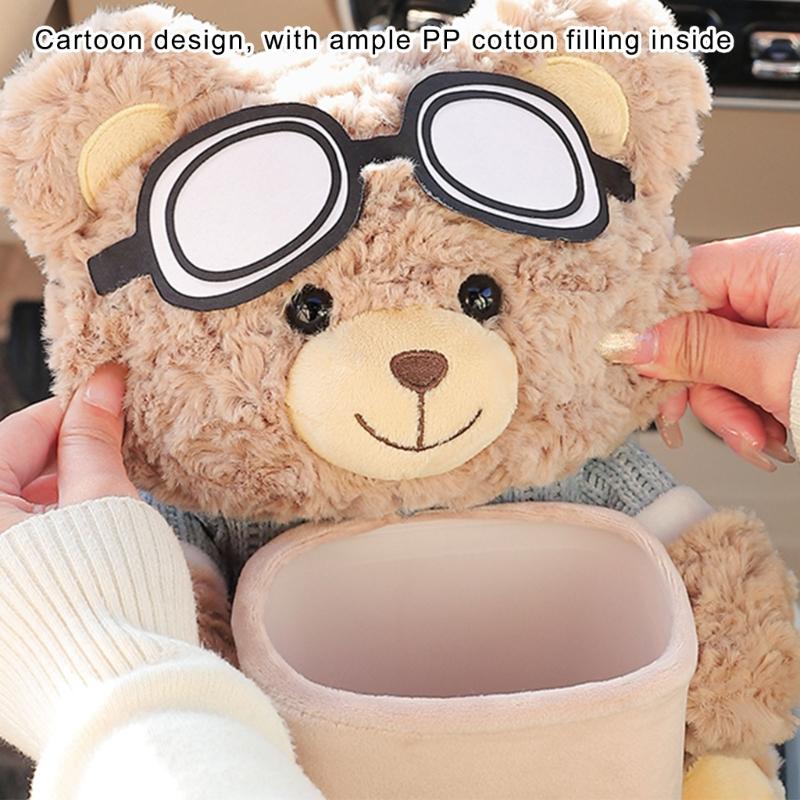 Plush Bear Shape Automotive Tissue Dispenser and Trash Can With Shake Proof Mounting and Leakproof Inner Container