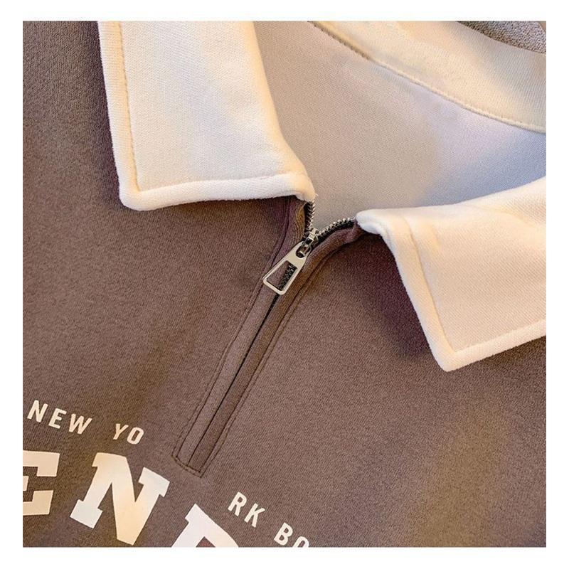 Damen Polokragen Halbreißverschluss Sweatshirt Buchstabendruck Locker Lässig Crop Top