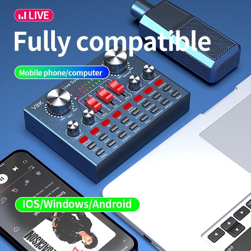 V8K Audio USB External Sound Card Multi Portable Microphone Live Broadcast Sound Card for Mobile Phone Computer