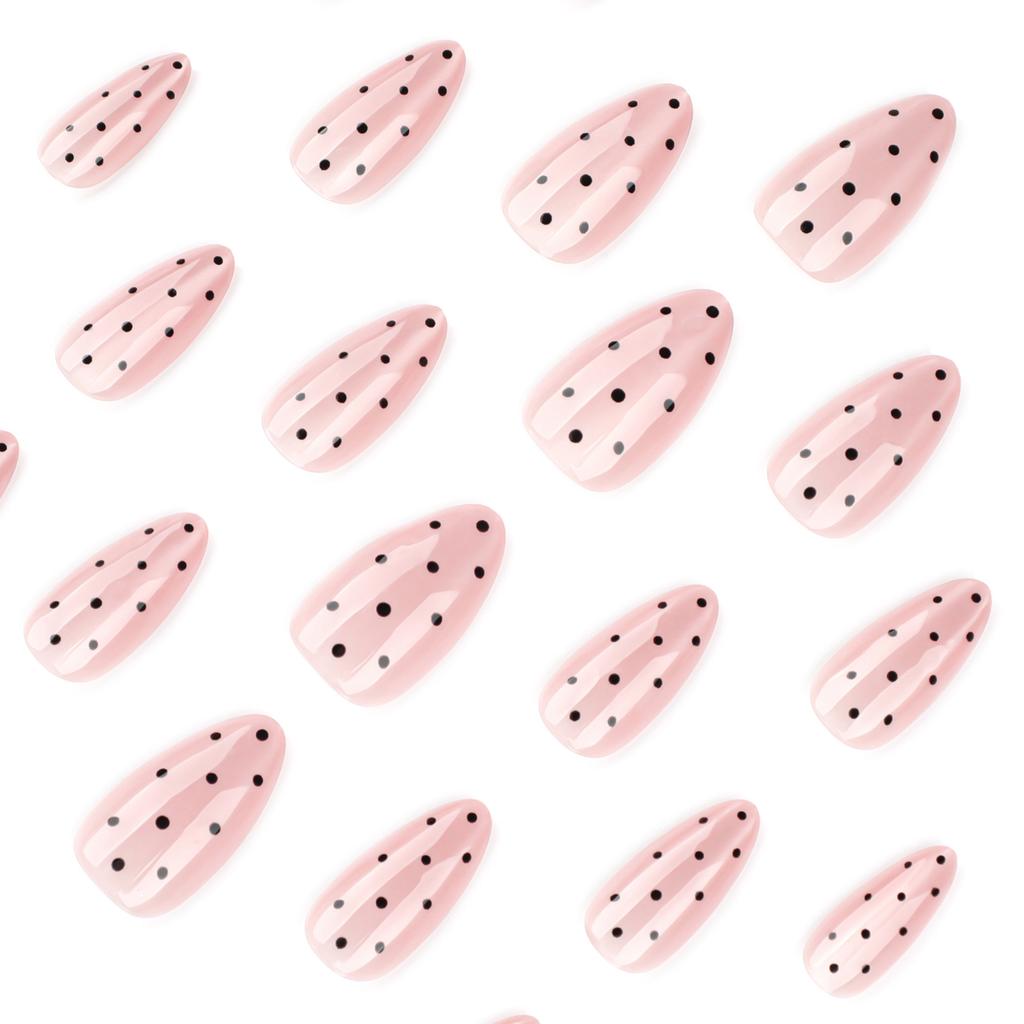 24pcs Pink Cat Eye Fake Nails with Black Dot Printed False Nails Full Cover Wearable Sweet Korean Almond Press On Nails Tips