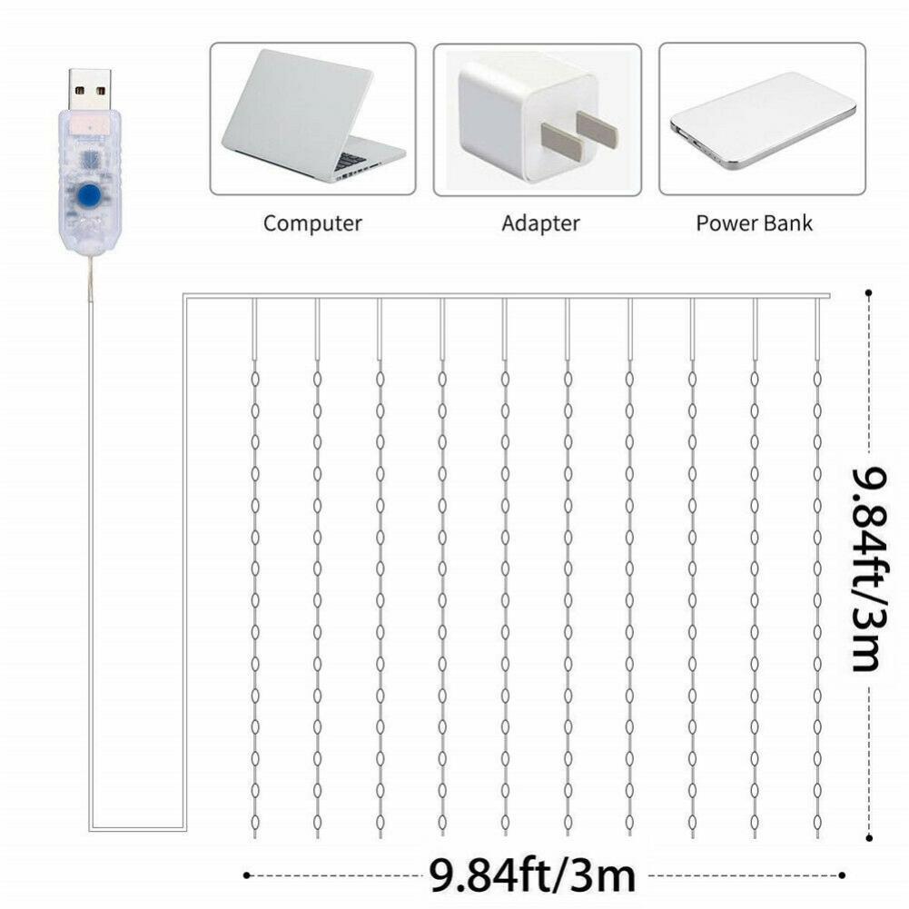 300 LED Curtain Lights String 3M*3M USB Powered Waterproof Twinkle Wall Lights