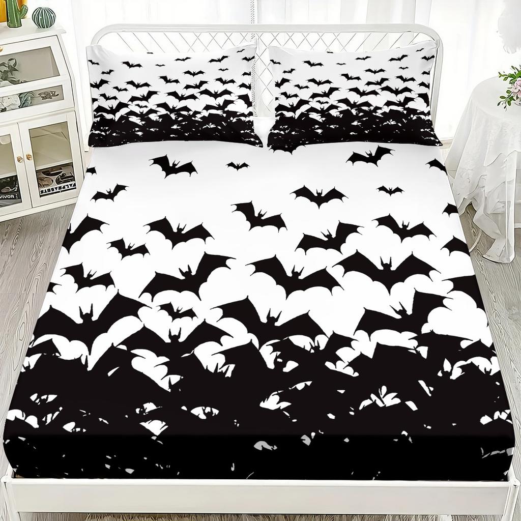 Halloween Fledermaus 3-teiliges Bettset - Gothic-Druck, 100% Polyester Atmungsaktive Laken & Kissenbezüge