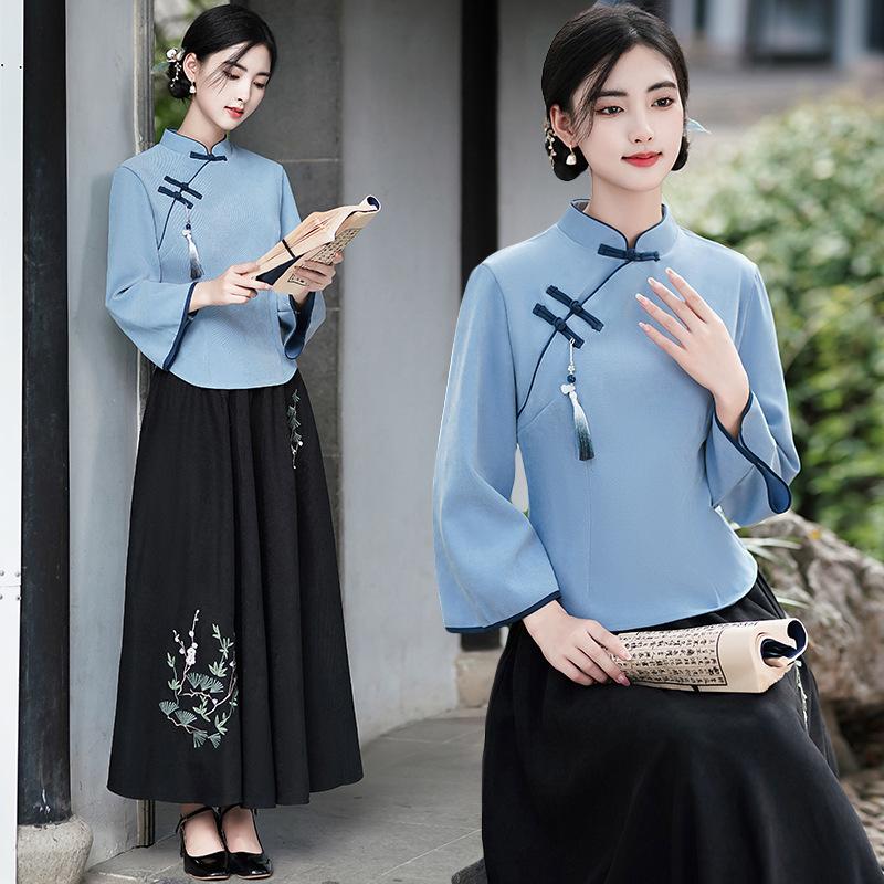 Women's Two-piece Outfit Three Quarter Sleeve Blouse High Waist Pantsuit Vintage Chinese Style Casual Set