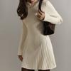 Women's Long-Sleeve Half-High Neck Elegant Playful A-Line Knit  Dress