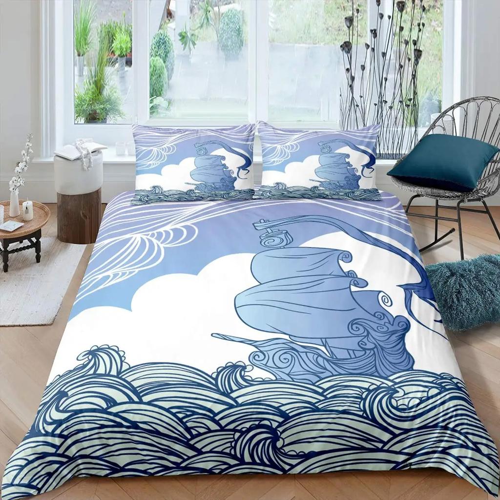 Nautical Sailboat King Queen Duvet Cover Coastal Sailing Boat Bedding Set Sea Adventure Comforter Cover Polyester Quilt Cover