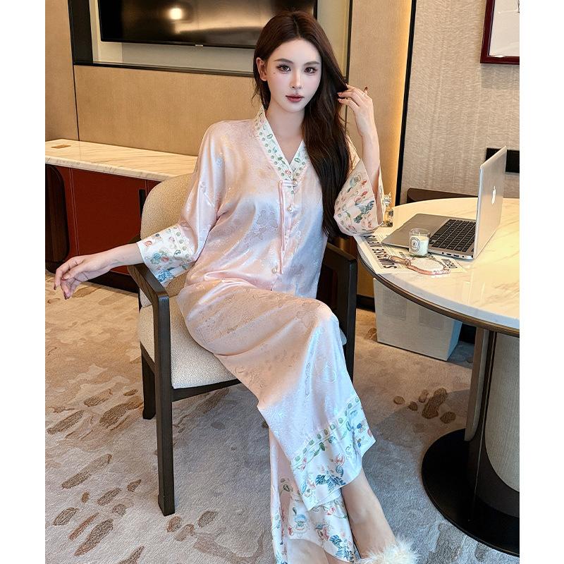 Ice silk sweet wind nightdress loungewear suit women's summer thin satin comfortable large size can be worn outside pajamas