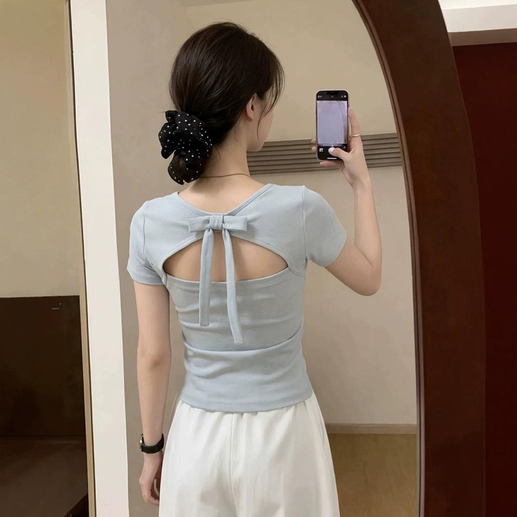 Gram Cotton, Design Bow Back Hollowed Out Front Shoulder Short-sleeved T-shirt Women's Summer Beautiful Unique Top