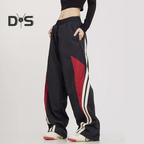 Damenhose, elastisch, hohe Taille, verstellbarer Kordelzug, weites Bein, vertikale Streifennähte, Retro-Streetstyle-Sporthose