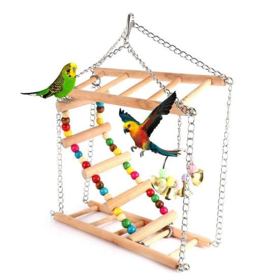 Beaded Bell Swing Double Climbing Ladder Stand Parrot Birds Toy Hanging Decor
