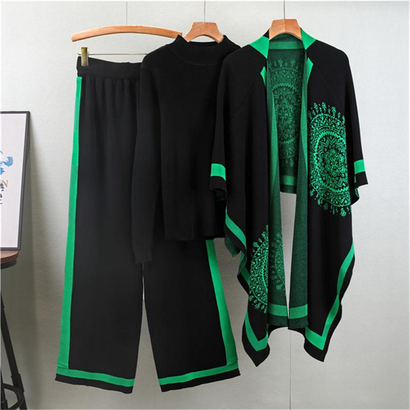 

Повседневный комплект Женская осенняя мода Трикотажная рубашка с длинным рукавом Шаль Повседневные брюки широкого кроя Набор из 3 предметов One Size чёрный