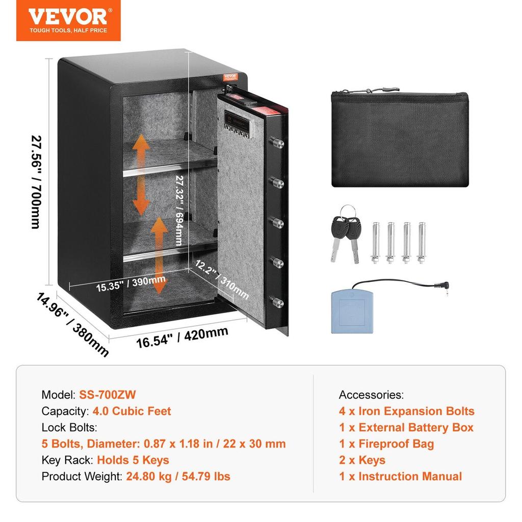 Einzeltür 3,5 cu.ft Tresor mit Schlüsselschloss, Passwort & Fingerabdruck Schwarz