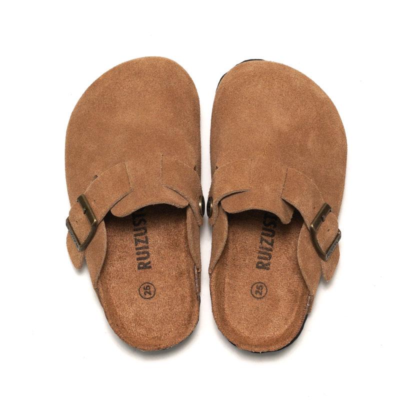 RUIZUSTOCK Kids' Cork Slippers: Soft Autumn/Winter Beach Shoes, Closed-Toe Matte Leather for Boys & Girls