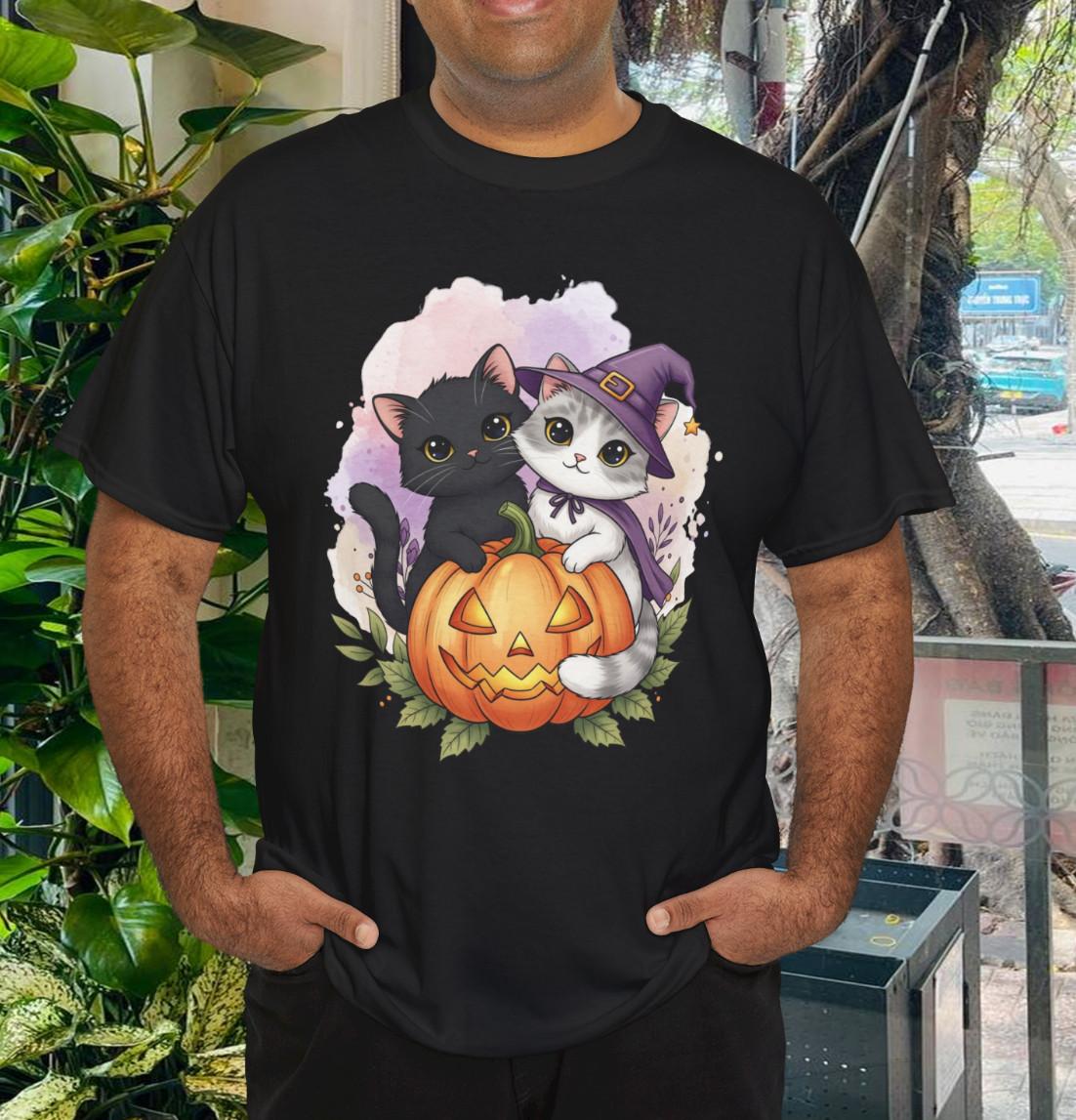 Cute Witch Cat And Pumpkin Halloween 2023 Halloween T-Shirt Mens Womens Tees Top S