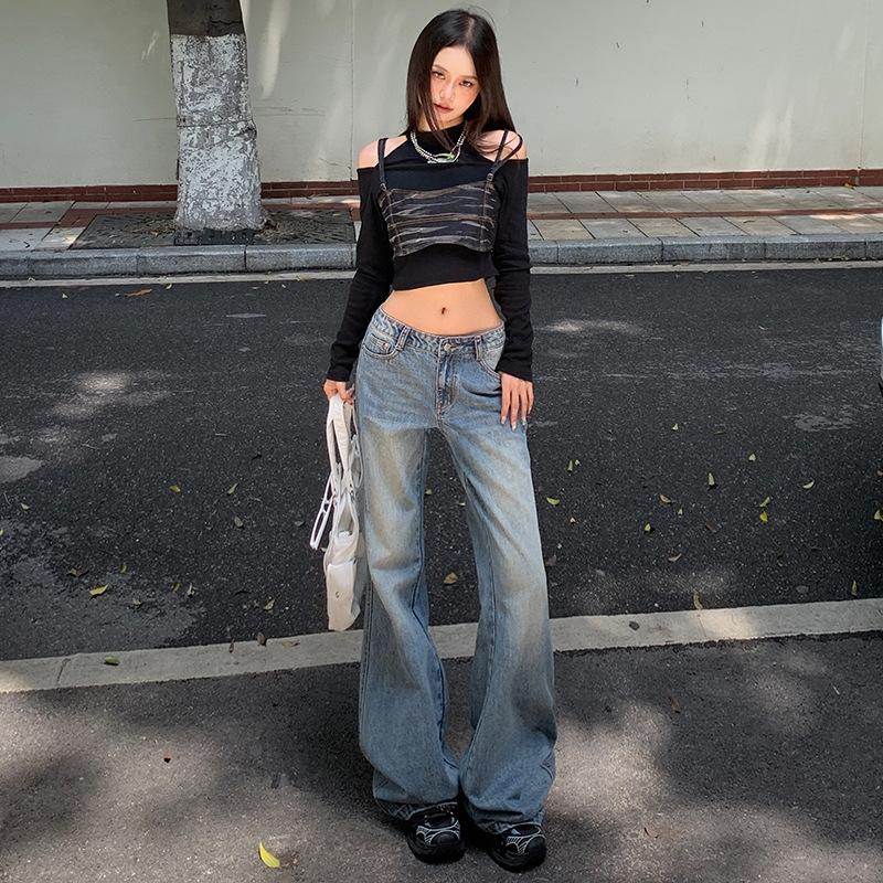 American retro low-rise slightly pulled jeans women's autumn and winter new Spice Girls do not stick to the legs straight and thin bell pants