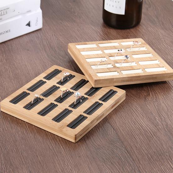 Ring Storage Holder Sturdy Construction Square Shape Smooth Edge Eco-Friendly Burr Free Decorative Wood 15 Slots Ring Display Showcase Organizer Tray