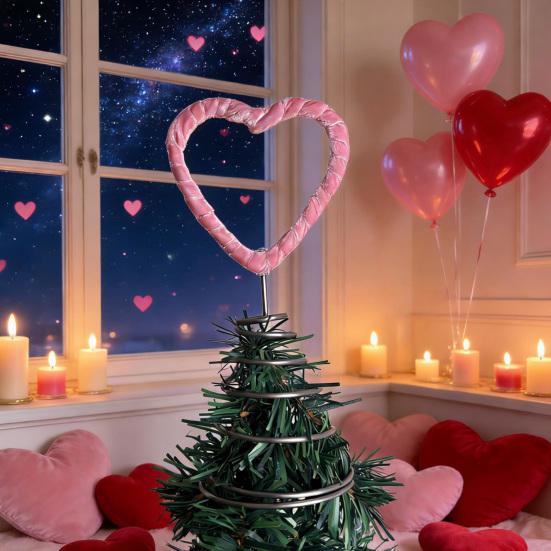 Valentine's Day Heart Tree Topper Pink Velvet Heart Tree Topper Ornament for Home Wedding Holiday Party Supplies