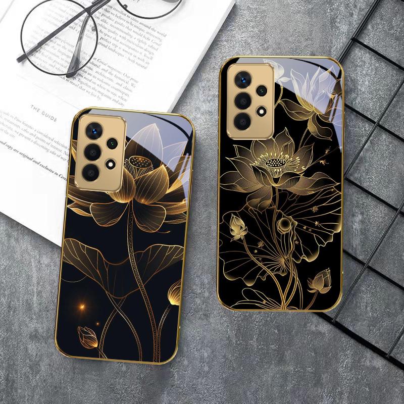 The noble lotus flower For Samsung A 01 52S A04 A05S A10 A12 A13 22 23 24 36 42 M02 Note 10 20Ultra 8 9 Golden glass phone case