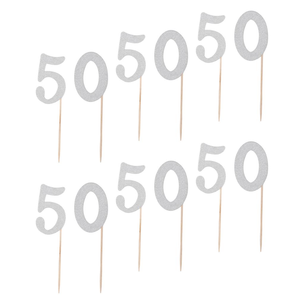 50 Set 50 Cupcake Topper Silver Glitter Practical 50th Cupcake Toppers Happy Birthday Cake Topper for Anniversary