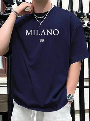 Men's 100% Cotton Summer Loose Size MILANO 96 Letter Printed Slim Fit Casual Sports Round Neck Short Sleeved T-shirt Top