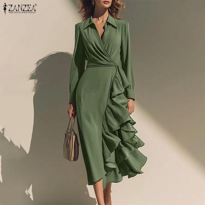 Women Casual Turn Down Collar Long Sleeve Ruffles Dress